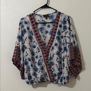 Elegant Floral V-Neck Blouse in Blue and Red